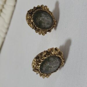 Vintage Gold and Green Cameo Earrings